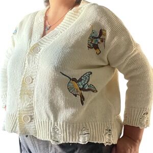Santa Sofia Embroidered Bird Cardigan Sweater Distressed One Size oversize Cream